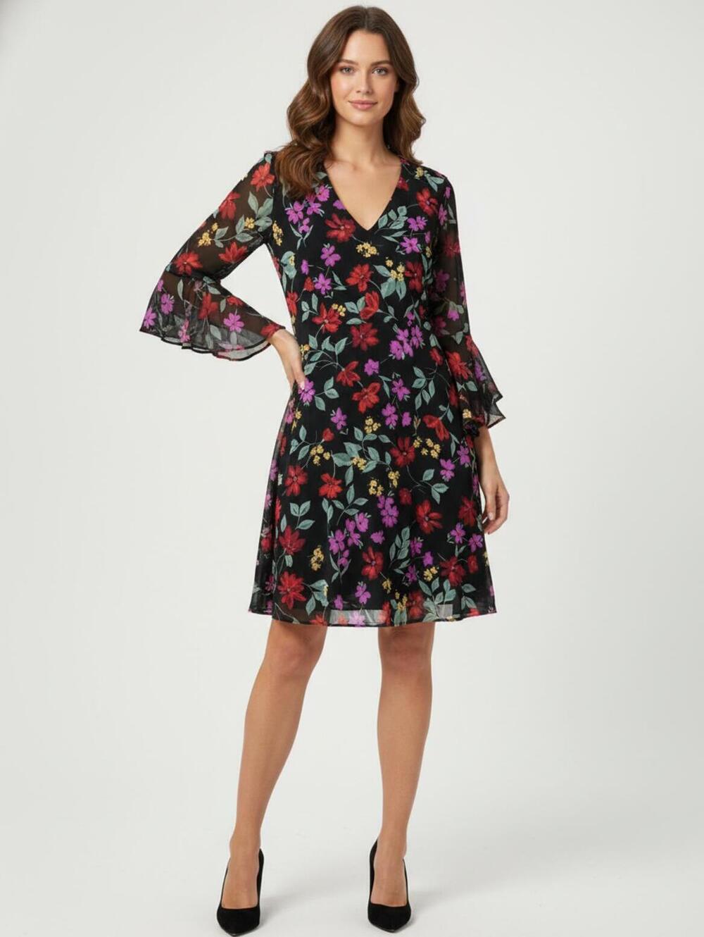 Calvin Klein Black Floral V-Neck Dress with Bell Sleeves SZ 8
